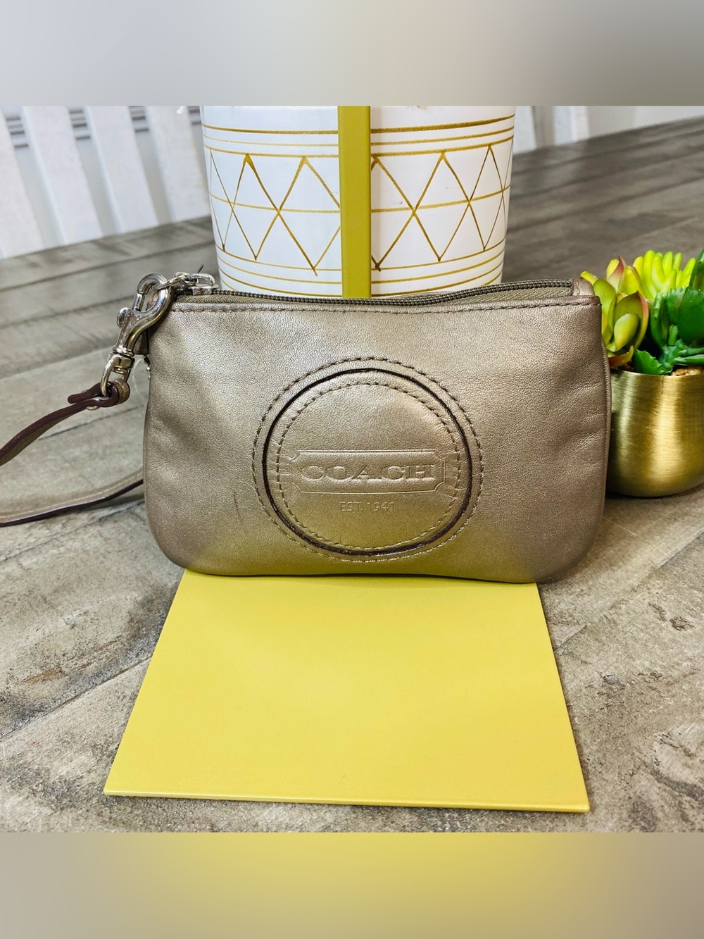 Coach Metallic Bronze Leather Wristlet Clutch Pouch Embossed Logo Rare VTG - Picture 1 of 6